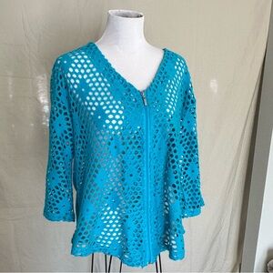 Emma G turquoise blue zip-front cut out jacket cardigan coverup crochet XL